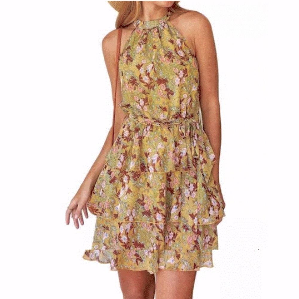 Bohemia Earth Tone Floral Tiered Ruffle Halter Cut Mini Dress
